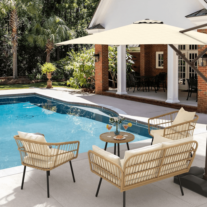 4-Piece Wicker Patio Furniture Set, All-Weather Rattan Conversation Set, Outdoor Balcony Bistro Set with Loveseat Chairs Table Soft Cushions for Backyard, Pool, Deck, Garden - Beige - Image 3