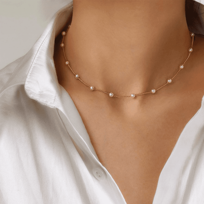 Gold Pearl Necklace for Women, 14K Gold Plated Layered Pearl Necklaces for Women Trendy Simple Herringbone Chain Pearl Necklace for Women Gold Jewelry Gifts - Image 4