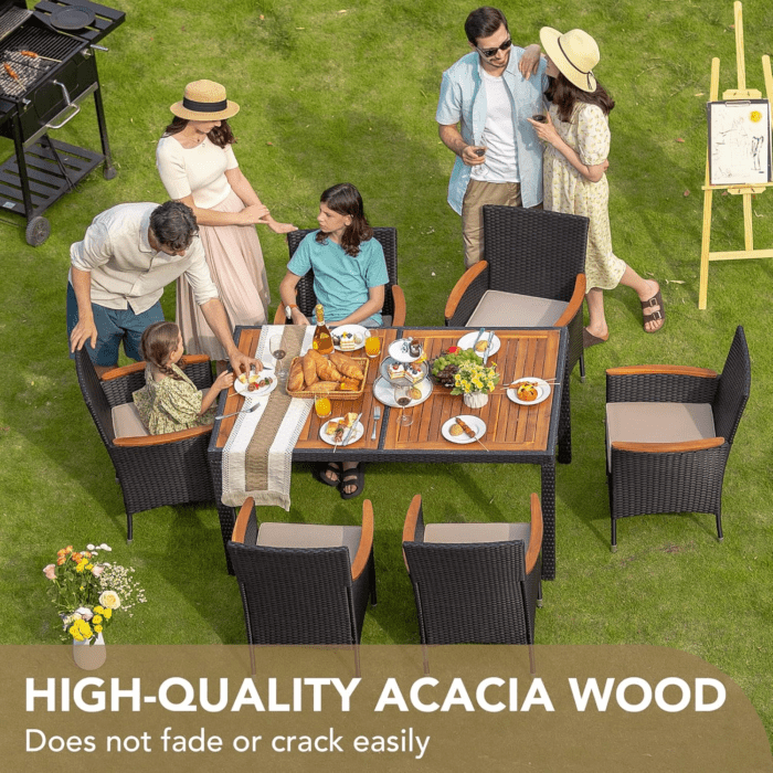 Dining 7 PCS Furniture, Patio Conversation Set with Acacia Wood Table Top, Rattan Outdoor, Black - Image 2