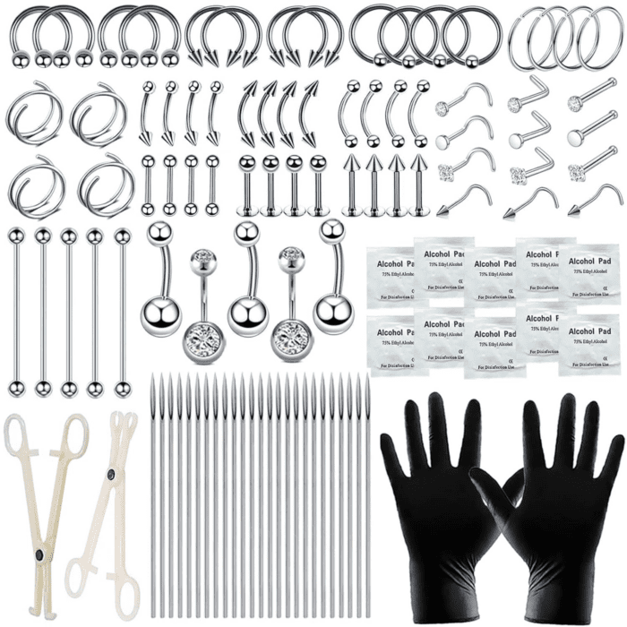 103PCS Piercing Kit for All Body Piercings Stainless Steel Piercing Jewelry with 12G 14G 16G 20G Piercing Needles and Tools for Nose Septum Belly Button Lip Ear Tongue Cartilage Eyebrow Tragus