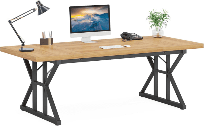 70.8-Inch Executive Desk, Large Computer Office Desk Workstation, Modern Simple Style Laptop Desk Study Writing Table Business Furniture for Home Office (Light Walnut/Black, 70.8 Inch) - Image 7