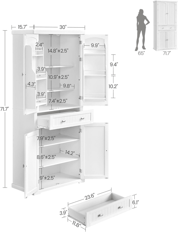 Pantry Cabinet, 15.7 X 30 X 71.7 Inches, Freestanding Tall Cupboard Storage Cabinet with a Drawer, 2 Cabinets, 4 Adjustable Shelves, 6 Door Shelves, Living Room, Kitchen, White UBBC561P31V2 - Image 3