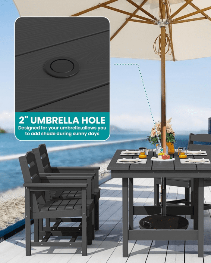 7-Piece Patio Dining Table Sets, Outdoor HDPE Dining Furniture Set with Umbrella Hole Cut-Out Table and 6 Chairs, Black - Image 3