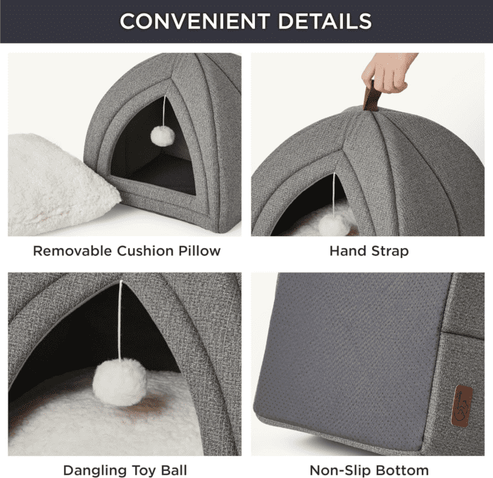 Cat Beds for Indoor Cats - 2 in 1 Cat Cave for Kittens and Small Pets, Foldable Cat House Tent with Removable Washable Cushioned Pillow, Cat Hideaway with Non-Slip Bottom, Grey, 16 Inches - Image 6