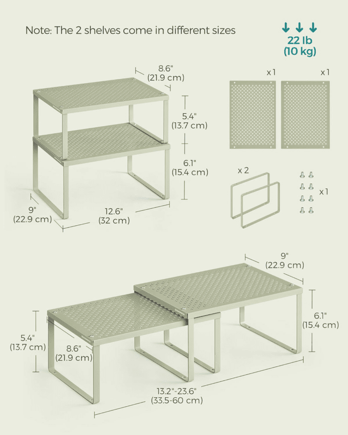 Spice Rack, Cabinet Shelf Organizers, Shelf Organizer, Countertop Organizer, Shelf Riser, Stackable, Expandable, Set of 2 Metal Kitchen Counter Shelves, Laurel Green UKCS001C01 - Image 2