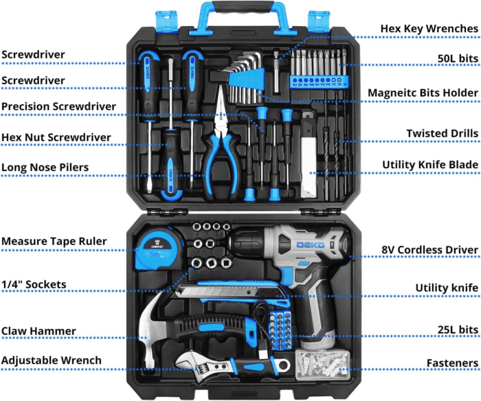 Drill Set: Tool Set with 8V Blue Cordless Drill, Home Tool Kit with Drill, Hand Tool Kits for Women 126 Piece - Image 2