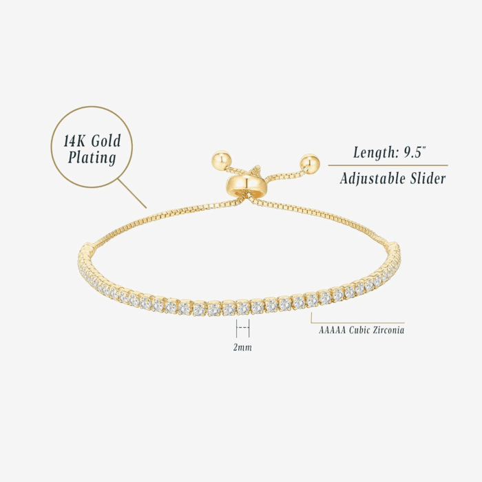 14K Gold Plated Cubic Zirconia Classic Tennis Bracelet for Women | Adjustable Slider - Image 3