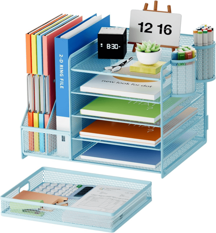 Desk Organizer with File Holder, 5-Tier Paper Letter Tray Organizer with Drawer and 2 Pen Holder, Mesh Desktop Organizer and Storage with Magazine Holder for Office Supplies(Blue) - Image 2