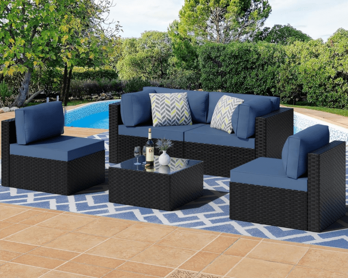 5 Pieces Outdoor Patio Sectional Sofa Couch, Black PE Wicker Furniture Sets, Patio Conversation Sets with Washable Cushions Glass Coffee Table for Garden, Poolside, Backyard, Aegean Blue