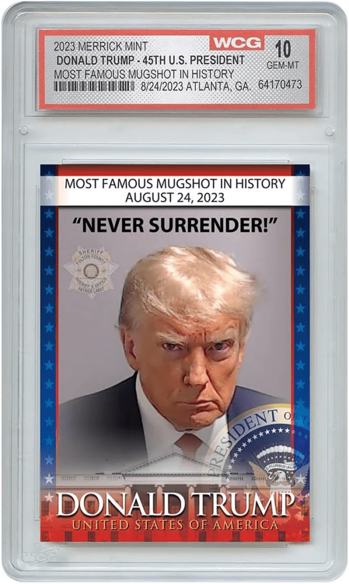 Trump Mugshot Collector Trading Card - Graded Gem Mint 10 - Trump Collectibles, Trump Gifts, Trump 2024, Perfect Patriotic & Political Donald Trump Gifts. Proudly Made in America!