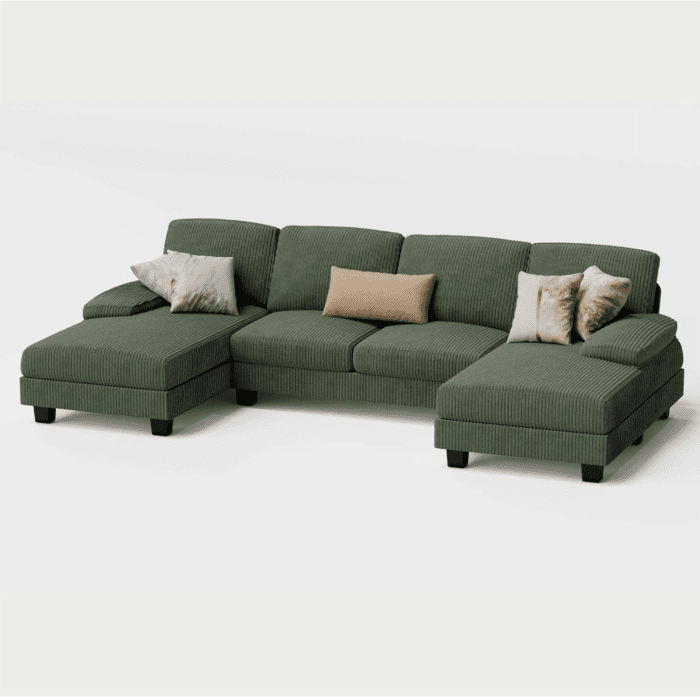 Sectional Couches for Living Room, U-Shaped Sofa Couch with Soft Corduroy, 4 Seat Sofa Set with Double Chaise for Apartment (Corduroy, Dark Green) - Image 8