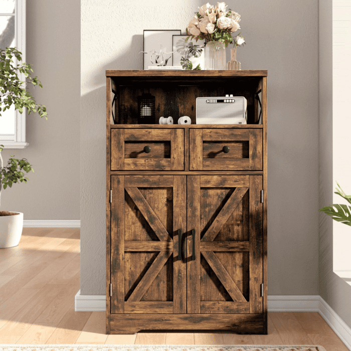 Farmhouse Storage Cabinet with Drawers and Shelves, Freestanding Kitchen Pantry Storage Cabinet, Floor Storage Cabinet Hutch Cupboard for Dining/Living Room/Home Office, Rustic Brown - Image 3