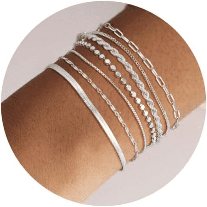 Silver Bracelets for Women Trendy Waterproof Silver Dainty Bracelet Stack Adjustable Layered Bracelet Set Minimalist Fashion Jewelry