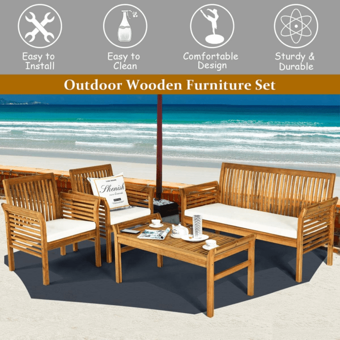 4 Piece Outdoor Acacia Wood Sofa Set with Water Resistant Cushions, Padded Patio Conversation Table Chair Set W/Coffee Table for Garden, Backyard, Poolside (1) - Image 8