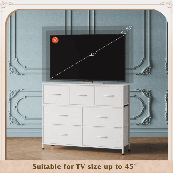 Dresser with 7 Drawers, Dressers for Bedroom, Fabric Storage Tower, Hallway, Entryway, Closets, Sturdy Steel Frame, Wood Top, Easy Pull Handle, White - Image 6