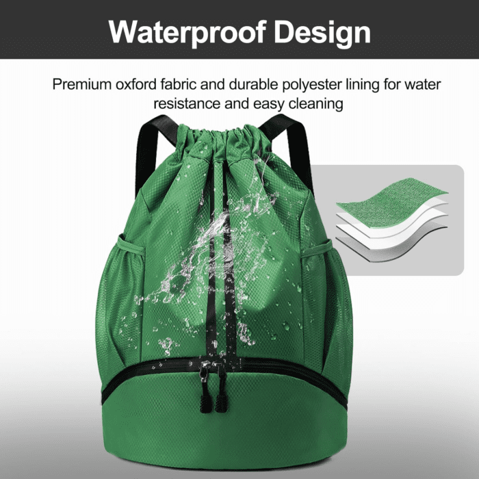 Sports Drawstring Backpack - String Swim Gym Bag with Shoes Compartment and Wet Proof Pocket for Women/Men (Dark Green) - Image 3