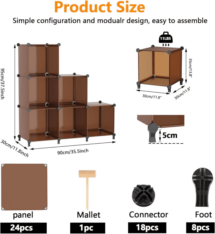 Cube Storage Organizer, Storage Cubes Shelves Bookshelf, 6 Cube Closet Organizers and Storage, DIY Stackable Plastic Clothes Organizer Shelving for Bedroom, Home, Cocoa Brown - Image 3