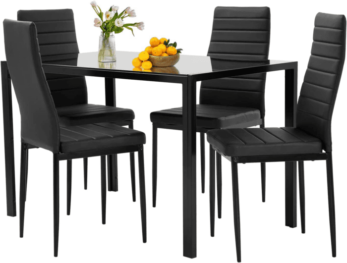 Dining Table Set Glass Dining Room Table Set for Small Spaces Kitchen Table and Chairs for 4 Table with Chairs Home Furniture Rectangular Modern (Black Glass)