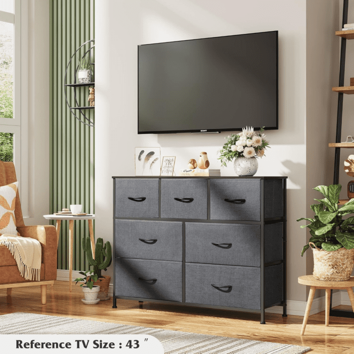 Dresser TV Stand, Entertainment Center with Fabric Drawers, Media Console Table with Metal Frame and Wood Top for TV up to 45 Inch, Chest of Drawers for Bedroom, Dark Grey - Image 4