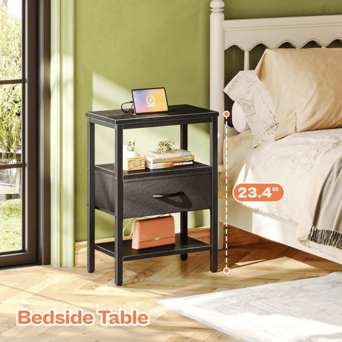 Nightstand with Charging Station, Bed Side Table with Adjustable Fabric Drawer, Night Stand for Bedroom, 3-Tier Storage End Table, for Living Room, Black - Image 4