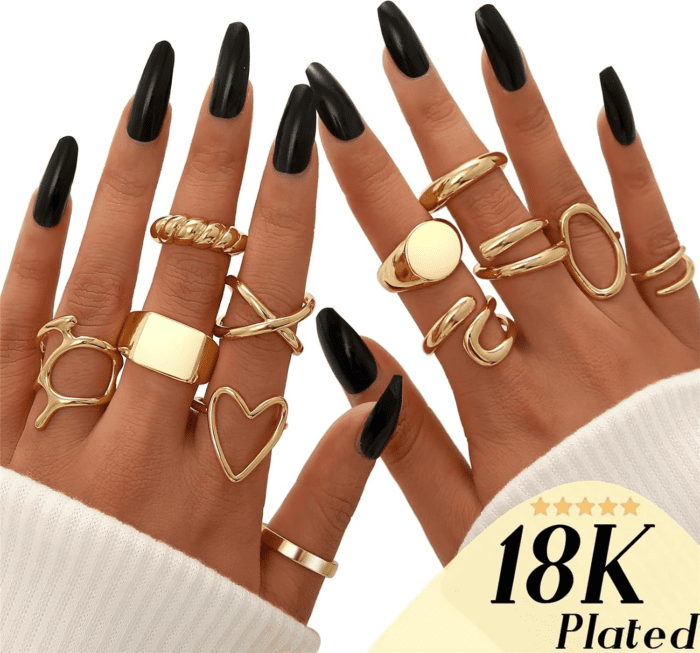 12PCS Gold Stackable Rings Set for Women, 18K Gold Plated Open Stacking Knuckle Ring, Adjustable Chunky Signet Rings for Gift - Image 2