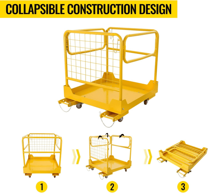 1200LBS Forklift Safety Cage 36"X36" Forklift Work Platform with 4 Wheels Collapsible Forklift Man Basket Aerial Rails for Lifting Loader - Image 4