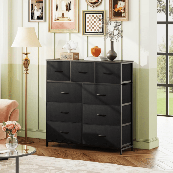 9-Drawer Dresser, Fabric Storage Tower for Bedroom, Hallway, Entryway, Closet, Tall Chest Organizer Unit with Fabric Bins, Steel Frame, Wood Top, Easy Pull Handle, Charcoal Black - Image 2