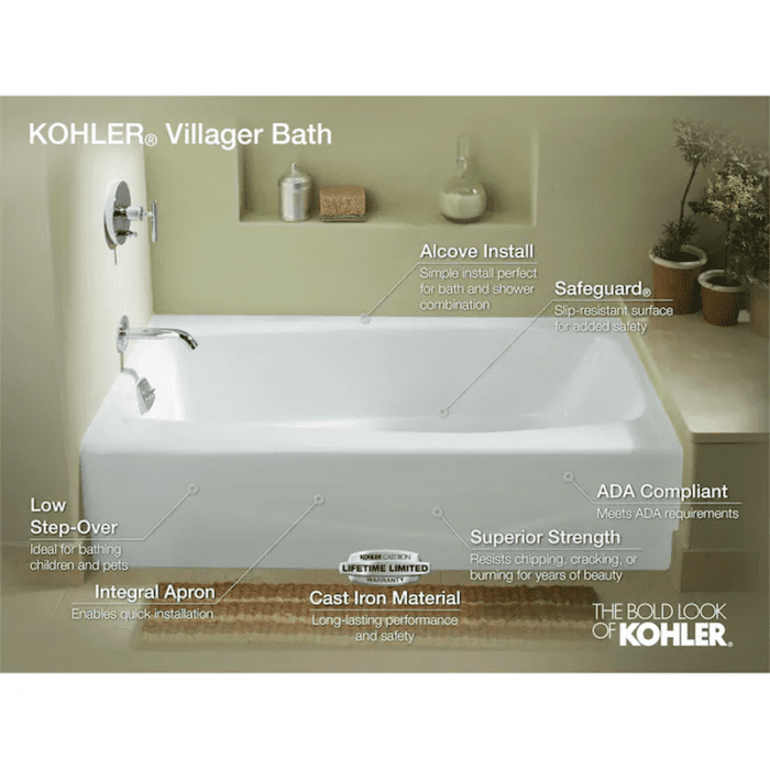 Villager 30.25-In X 60-In White Cast Iron Alcove Soaking Bathtub (Left Drain) - Image 7