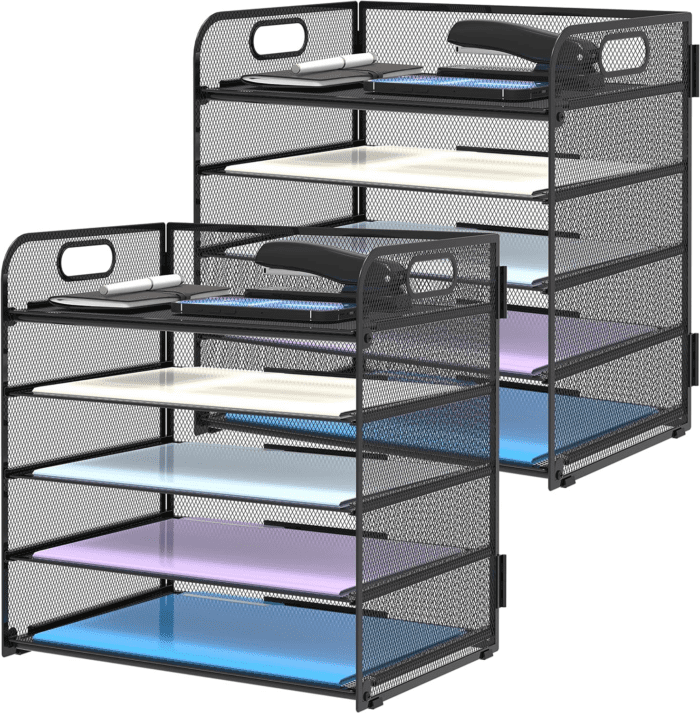 2 Pack 5-Tier Desk Organizer with Handle Mesh Desk File/Paper Organizer Letter Tray for Office, School and Home Easy Installation,Black