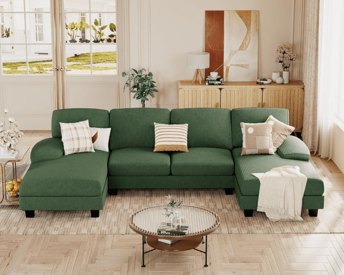 Sectional Couches for Living Room, U Shaped Couch with Chenille Fabric, 4 Seat Modern Sofa with Removable Pillows for Apartment and Small Space (Corduroy, Light Green)