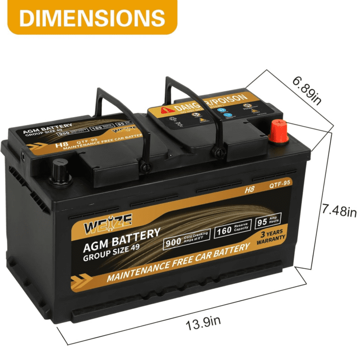 Platinum AGM Battery BCI Group 49-12V 95Ah H8 Size 49 Automotive Battery, 160RC, 900CCA, 36 Months Warranty - Image 2