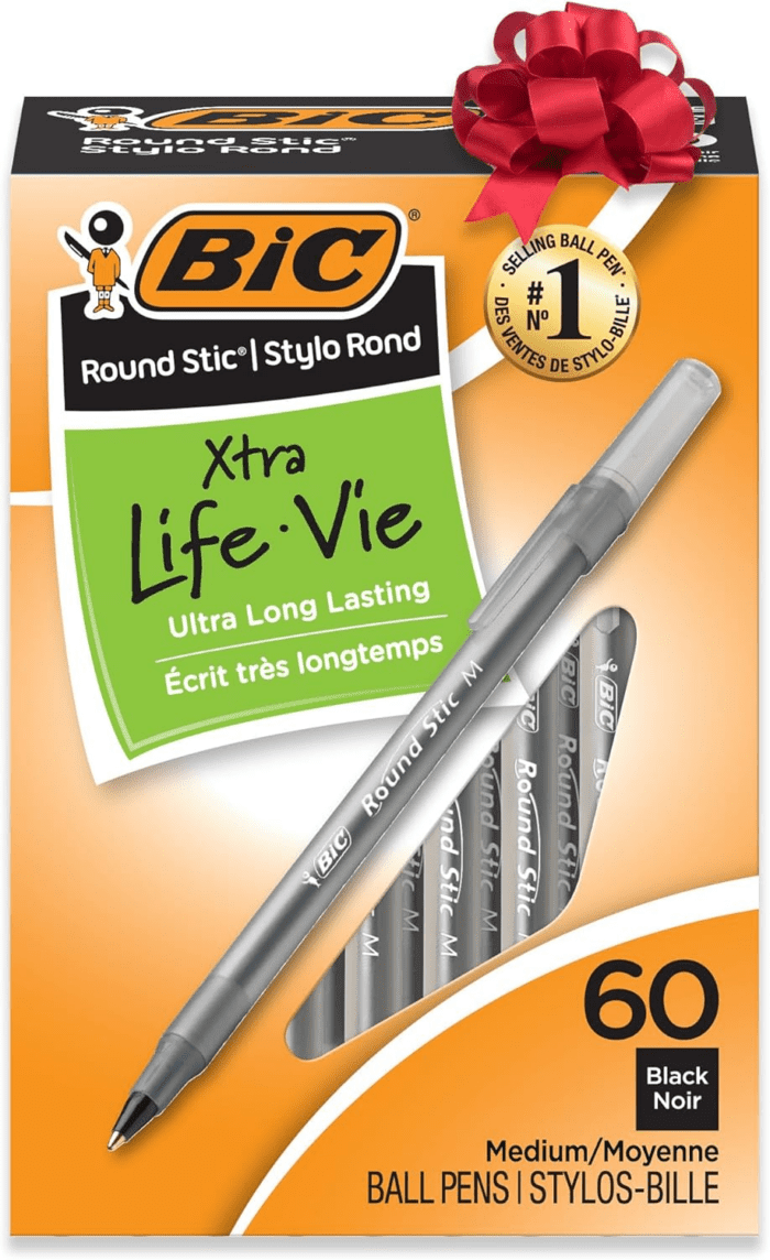 round Stic Xtra Life Black Ballpoint Pens, Medium Point (1.0Mm), 60-Count Pack of Bulk Pens, Flexible round Barrel for Writing Comfort, No. 1 Selling Ballpoint Pens