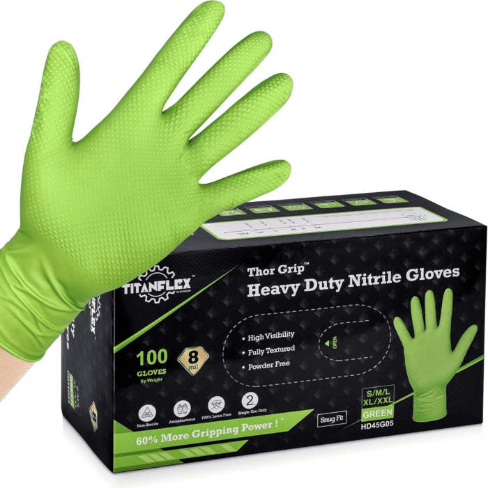 Thor Grip Heavy Duty Green Industrial Nitrile Gloves with Raised Diamond Texture, 8-Mil, Latex Free, Powder Free