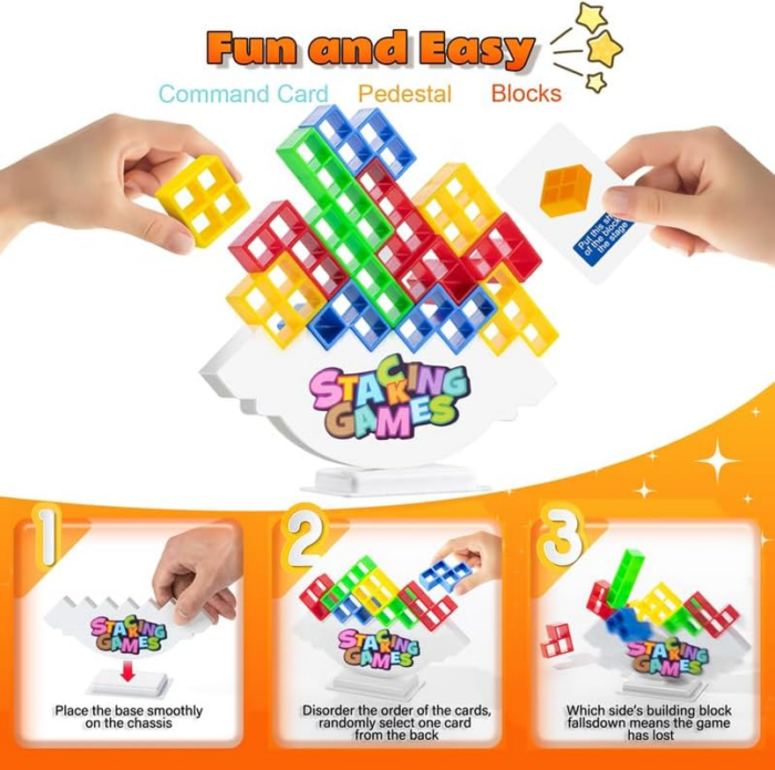 48 Pcs Tetra Tower Stacking Game Balance Blocks, Tetris Board Game Stack Attack, Kids & Adults Team Building Blocks Toy. Gift Friends,Classrooms,Family Games and Travel Parties Toy. - Image 2