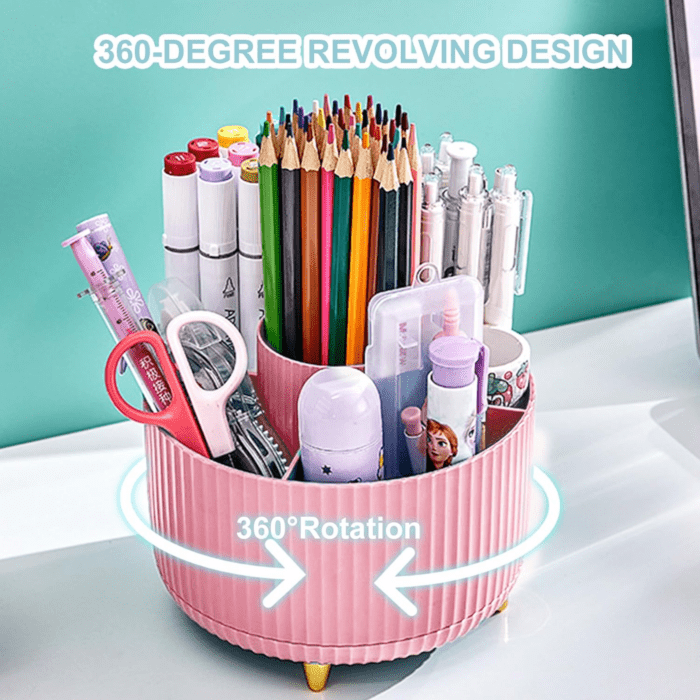 Pencil Holder for Desk,5 Slots 360°Degree Rotating Desk Organizers and Accessories,Desktop Storage Stationery Supplies Organizer, Cute Pencil Cup Pot for Office, School, Home (D-Pink) - Image 3