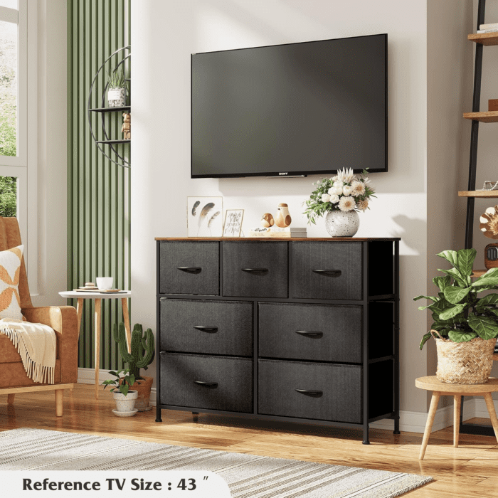 Dresser TV Stand, Entertainment Center with Fabric Drawers, Media Console Table with Metal Frame and Wood Top for TV up to 45 Inch, Chest of Drawers for Bedroom, Black and Rustic Brown - Image 4