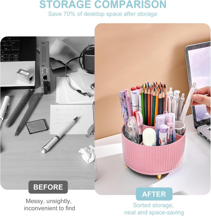 Pencil Holder for Desk,5 Slots 360°Degree Rotating Desk Organizers and Accessories,Desktop Storage Stationery Supplies Organizer, Cute Pencil Cup Pot for Office, School, Home (D-Pink) - Image 2