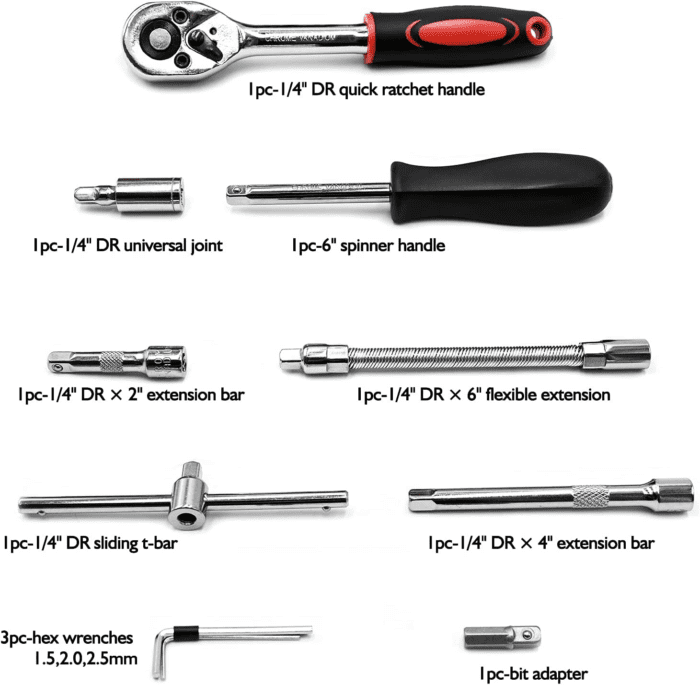 46 Pieces 1/4 Inch Drive Socket Ratchet Wrench Set, with Bit Socket Set Metric and Extension Bar for Auto Repairing and Household, with Storage Case - Image 3