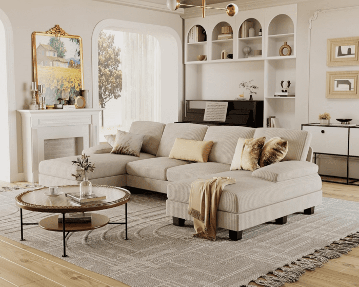 Sectional Couches for Living Room, U-Shaped Sofa Couch with Soft Corduroy, 4 Seat Sofa Set with Double Chaise for Apartment (Corduroy, Beige) - Image 6