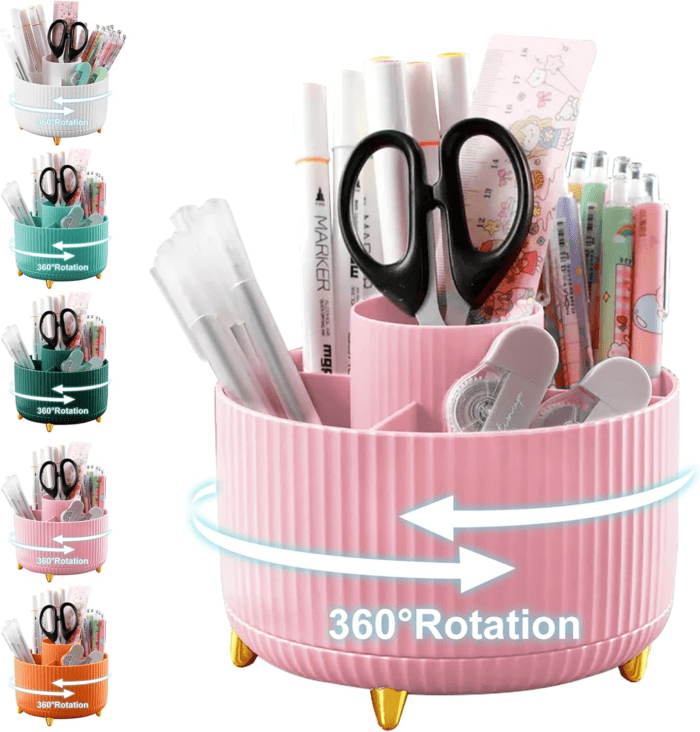 Pencil Holder for Desk,5 Slots 360°Degree Rotating Desk Organizers and Accessories,Desktop Storage Stationery Supplies Organizer, Cute Pencil Cup Pot for Office, School, Home (D-Pink)