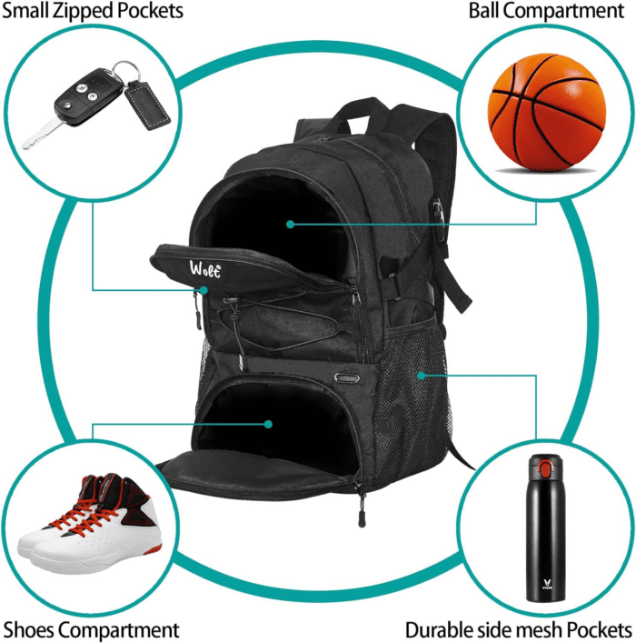 | Basketball Backpack Large Sports Bag with Separate Ball Holder & Shoes Compartment, Best for Basketball, Soccer, Volleyball, Swim, Gym, Travel(Black) - Image 4