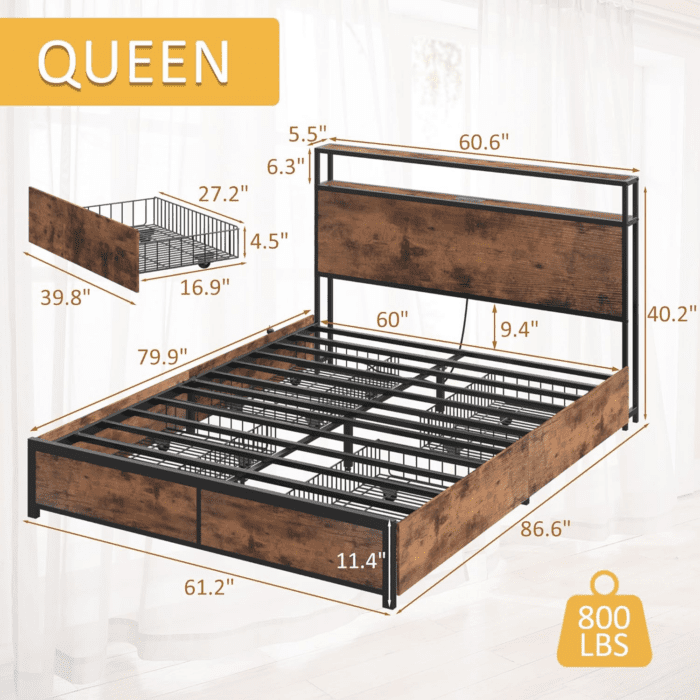 Queen Bed Frame with 2-Tier Storage Headboard, Metal Platform Bed Frame with 4 Storage Drawers, Built in Charging Station & LED, Noise-Free/Metal Support/No Box Spring Needed, Vintage Brown - Image 2