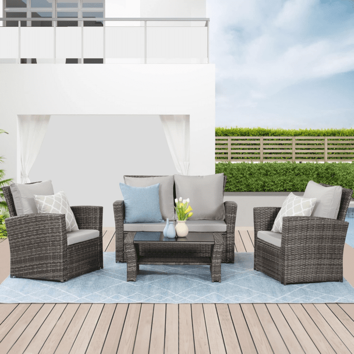 4 Piece Outdoor Patio Furniture Sets, Wicker Conversation Set for Porch Deck, Gray Rattan Sofa Chair with Cushion - Image 7