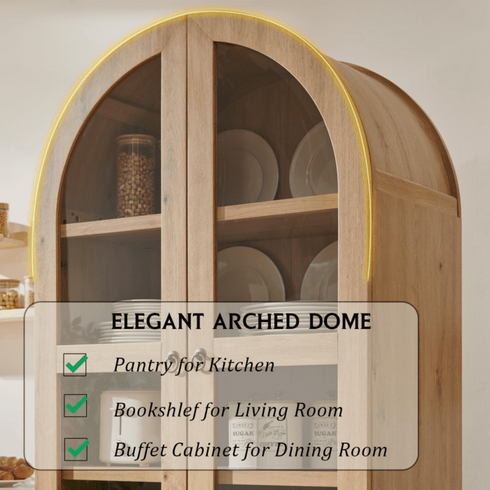 71" Tall Arched Kitchen Pantry, Modern Farmhouse Wood Kitchen Storage Cabinets with 2 Large Drawers and Adjustable Shelves, Versatile Cupboard for Kitchen, Dining Room, Bathroom, Natrual - Image 4