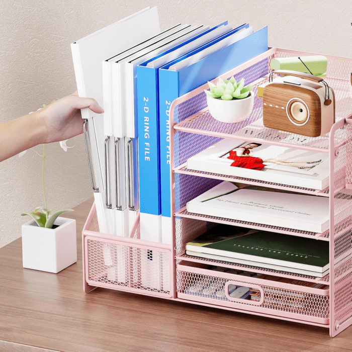 Desk Organizer with File Holder, 5-Tier Paper Letter Tray Organizer with Drawer and 2 Pen Holder, Mesh Desktop Organizer and Storage with Magazine Holder for Office Supplies(Pink) - Image 5