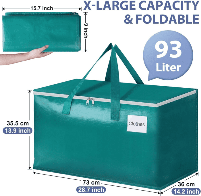 Moving Bags-Heavy Duty Moving Boxes, Storage Totes with Zipper, Reinforced Handles and Tag Pocket-Collapsible Moving Supplies for Moving, Storage and Travel 93L(Green-4 Pack) - Image 2