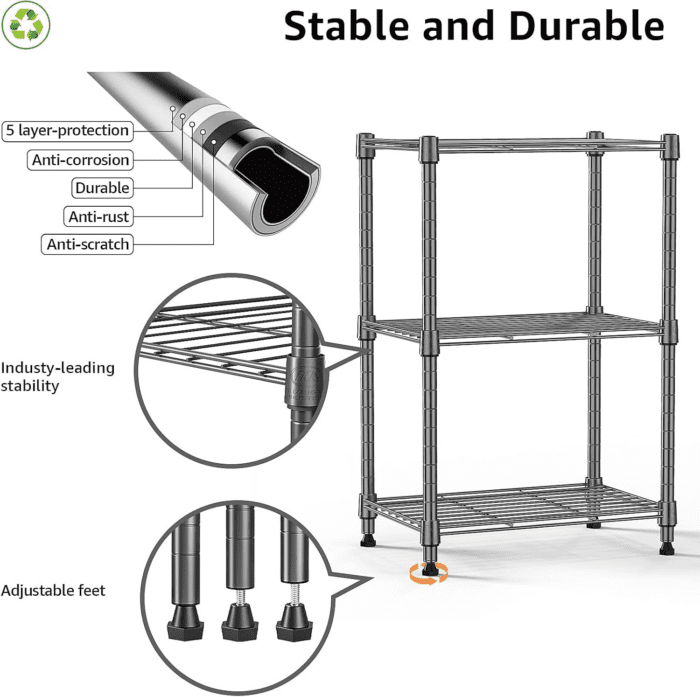 MZG 450 Lbs Steel Storage Shelving 3-Tier Utility Shelving Unit Steel Organizer Wire Rack for Home,Kitchen,Office (11.8" D X 17.7" W X 26.3" H) - Image 3