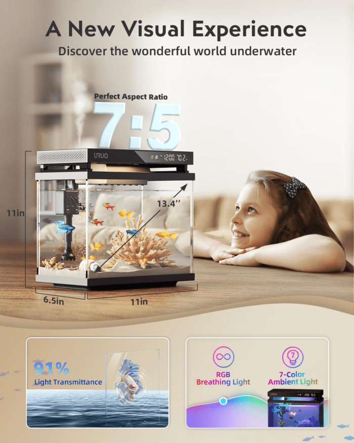 Fish Tank Smart Aquarium Kit: 2 Gal UHD Glass Silent Water Pump Self Cleaning System Temperature Monitoring Essential Oil Diffuser with Humidifier 7 Color Lights Multi-Layer Filtration System Black - Image 4