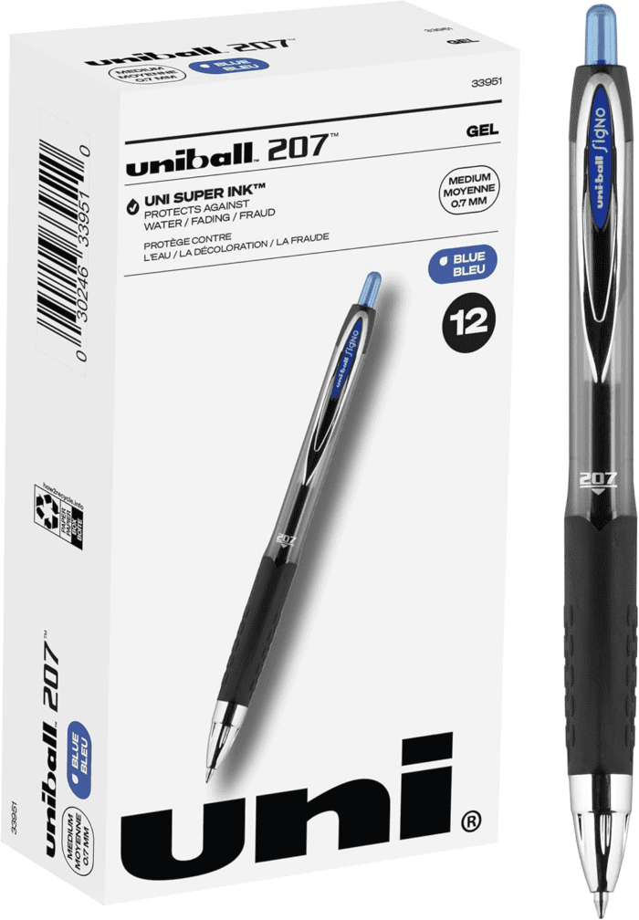 207 Retractable Gel Pens Medium Point, 0.7Mm, Blue, 12 Pack