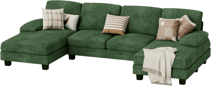 Sectional Couches for Living Room, U Shaped Couch with Chenille Fabric, 4 Seat Modern Sofa with Removable Pillows for Apartment and Small Space (Fabric, Green) - Image 7